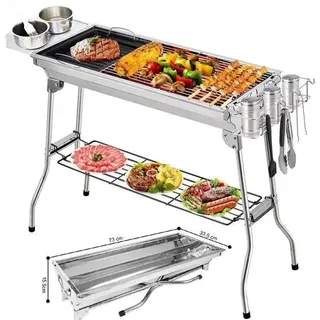 Famanu Holzkohlegrill - Klappbar, Edelstahl, 73 x 34 cm - Inklusive Grillzubehör - Silber