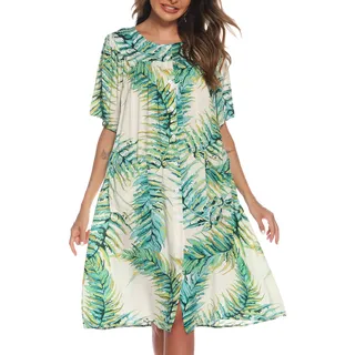 COSUNIONY Hauskleider für Damen, Baumwolle, kurzärmelig, Hausmantel, Knopfleiste, Staubwedel, Robe mit Taschen, S-XXL, Grün/Blumen, X-Groß
