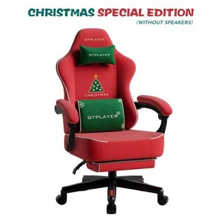GTPLAYER Gaming Stuhl Weihnachtsmotiv, Gaming Chair mit Fußstütze, extra breite Sitzfläche, mit Federkissen & synchronisierter Armlehne Samt rot - Rot