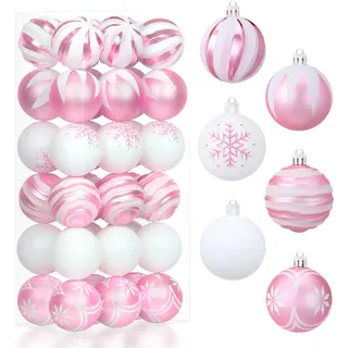 JOIEDOMI 36-teiliges rosa und weißes Weihnachtskugel-Ornament-Set, 6 cm, bruchsichere Weihnachtsbaum-Ornamente, Weihnachtsdekoration zum Aufhängen für Baum, Geschenk, Geländer, Kranz, Girlande,