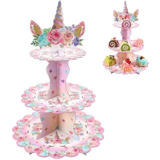DeBizz Cupcake Ständer, Etagere 3 Etagen Tortenständer, Donut Ständer, Einhorn Deko Kindergeburtstag Turm Halter, Einhorn Muffin Deko Kuchenständer für Party