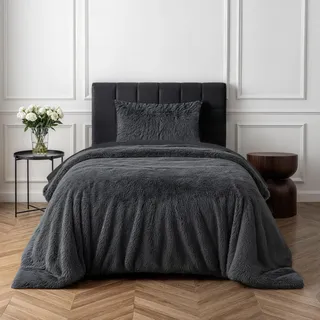 Sleepdown Luxuriöses Bettwäsche-Set aus Fleece, langflorig, Kunstfell, Anthrazitgrau, superweich, pflegeleicht, mit Kissenbezug, Einzelbett (135 x 200 cm)