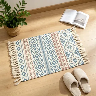 MORROWCAMP Boho Teppich klein 58 x 88 cm, Baumwolle Teppich Waschbar mit Quasten, Schmaler Kleiner Baumwollteppich für Wohnzimmer Schlafzimmer Flur, Handgewebter Boho Stil Teppich (Rot)