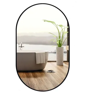 Ramix Wandspiegel im pulverbeschichtetem Aluminiumrahmen Schwarz, Silber, Gold Loft Rechteckiger Rund Wohnzimmer Schlafzimmer Badezimmer Ankleidezimmer Flur (Schwarz, K1 - Oval 70x50cm)