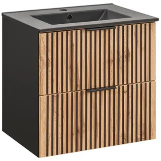 Lomadox Waschtisch 60 cm mit Keramik Waschbecken schwarz XANTEN-56 in anthrazit mit Eiche Nb. schwarz gerillt, b/h/t: ca. 60/59,5/46 cm
