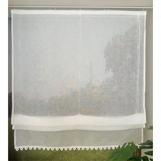 Vordesack Leinenoptik Raffrollo mit Blumen-Kante Unifarbige Raffgardine mit Klettband Wohnzimmer halbtransparent Gardinenschal Küche Weiß 1 Stück HxB 140x100cm