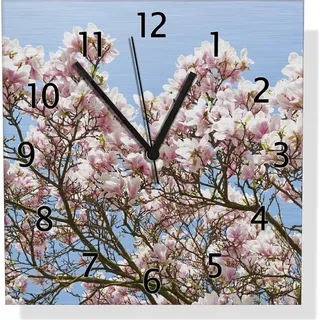 Wallario Design Wanduhr Schöne rosa Magnolien-Blüten vor blauem Himmel aus Aluverbund, Größe 30 x 30 cm - Blau