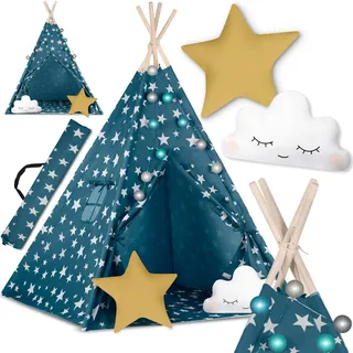nukido Babyzelt Tipi Baumwolle Holzrahmen Bezauberndes Design Entwicklungsförderung Leicht zu reinigen 120x120x165cm Lichter Blau