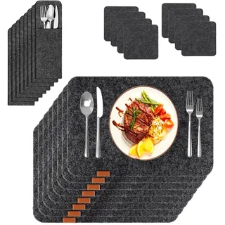 Tischset Platzset, 24er Set Eckige Tischsets aus Filz Premium Platzdeckchen mit 8 Platzsets 8 Untersetzer 8 Bestecktaschen Abwaschbar Telleruntersetzer Filzset für Küche Anthrazit