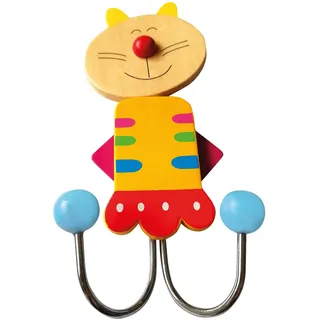 Bino Kleiderhaken mit buntem Katzen Motiv, Kinderzimmer Deko, Garderobe Kinder (Haken ab 36 Monaten geeignet, Wandhaken mit lustigem Tiermotiv, Doppelhaken, Maße: 6,8×14,9×3,3 cm), Mehrfarbig