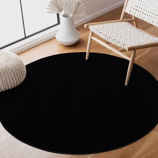 SANAT Kurzflor Teppich Wohnzimmer - Uni Modern Teppiche fürs Schlafzimmer, Arbeitszimmer, Büro, Flur, Kinderzimmer und Küche - Schwarz, 120 cm Rund