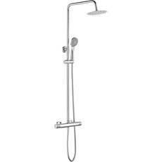 Ibergrif - Duschsystem mit Thermostat, Regendusche, Brauseschlauch, Handbrause, Brausehalter, Duschstange, Chrom