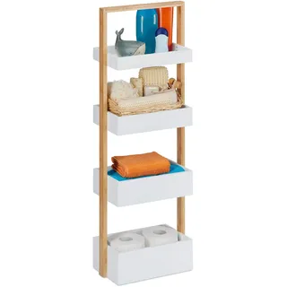 Relaxdays Badregal, 4 Ablagen, Bambus & MDF, Badezimmer Aufbewahrung, schmales Ablageregal HBT 88x30x18 cm, weiß/Natur