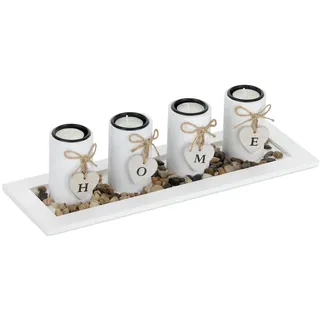 Relaxdays Teelichthalter Set mit Tablett & Steinen Weiß