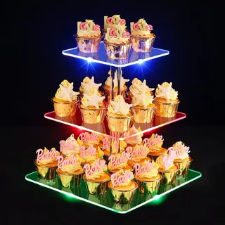 3 Etagen Cupcake Ständer, Ulifeme Wiederaufladbarer LED-Licht Quadrat Transparenter Dessert Tortenständer für Weihnachten, Hochzeiten, Jubiläen, Baby Duschen und Geburtstagsfeiern, 15/20/25cm Ebene