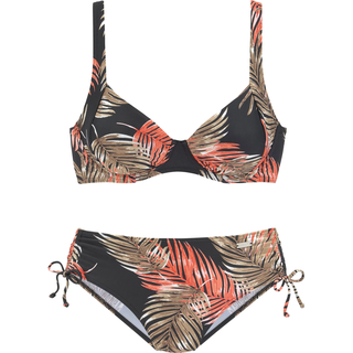 Bügel-Bikini LASCANA "Leaf", Damen, Gr. 40, Cup B, schwarz (schwarz, bedruckt), Recycling-Polyamid, bedruckt, Bikini-Sets Bügel-Bikini, mit plakativem Blätter-Print, Topseller