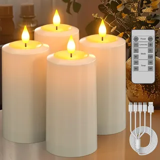 SoulBay LED Kerzen mit Timerfunction, 4er Set Wiederaufladbare Elektrische LED Kerzen Aufladbar mit Fernbedienung Timer, LED Stumpenkerzen Flackernd Wasserdicht für Zimmer Halloween Deko Weihnachten