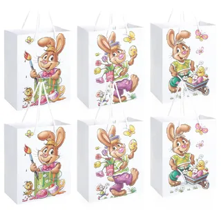 com-four® 6X Ostertasche mit Motiv - Papierbeutel zum Befüllen - Ostertüte für Geschenke und Ostereier - Geschenktasche aus Papier mit Tragekordel im Osterdesign (06 Stück - mittel - Hasen)