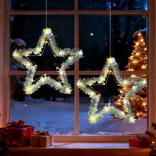 GAROMIA Weihnachtsbeleuchtung Fenster Innen Stern 2 Stück Metall Hängend Fenster Weihnachtsstern Beleuchtung Fensterstern für Weihnachten