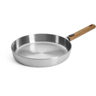 Woll - Logic Steel Flachpfanne - Induktiv -, Ø 28 cm, 5 cm hoch mit abnehmbarem nachhaltigem Holzstiel - Geeignet für alle Herdarten