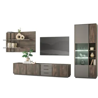 furn.design Wohnwand Eiche grau Metall, Nachbildung,Eiche, 390x200x45 cm, Wohnzimmer, Wohnwände, Anbauwände