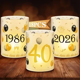 Anruzon 18Pcs Windlichter Tischdeko 40. Geburtstag - Deko 40. Geburtstag Männer und Frauen - Schwarz Gold Happy Birthday Tischdeko für Teelichter oder Kerzen