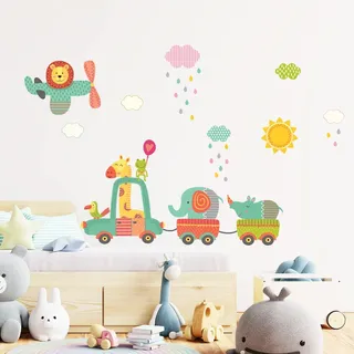 Wandsticker Kinder Dekoration Babyzimmer Wandtattoo Kinderzimmer Wandaufkleber Tiere auf Reisen im Dschungel H60 x 90 cm