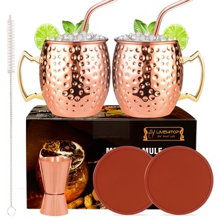 LIVEHITOP Moscow Mule Becher 2er Set, 19.5Oz Kupferbecher mit 2 Silikon Untersetzer, 2 Strohhalme, Jigger & Strohbürste, Seine & Ihr Geschenk für Zuhause, Bar, Party