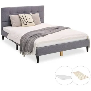 Homestyle4u Polsterbett mit Matratze 140x200 Lattenrost Doppelbett Stoffbett Bettgestell Bett 144,5 cm X 96,5 cm X 213 cm