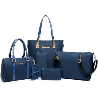 FiveloveTwo Damen Nylon 6-teiliges Schultertaschen Set Shopper Umhängetasche Geldbeutel Tote Taschen Henkeltaschen Clutches Geldbörsen, Blau, 2