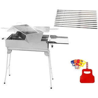 Edelstahl Mangal President mit Kohlebehälter und 10 SPIESSEN - Multifunktional Holzkohlegrill Schaschlikgrill BBQ