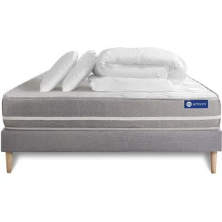 Komplettpaket Bett - Matratze 180x200 cm + Boxspringbett mit Lattenrost (im Set) + 2 Kopfkissen + Bettdecke - Actiflex Touch - Grau