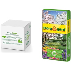 Floragard Pinienrinde fein 2-8 mm in der Box 60 Liter & Florahum Pflanzerde 70 L • Universalerde • für Blumenbeete Stauden
