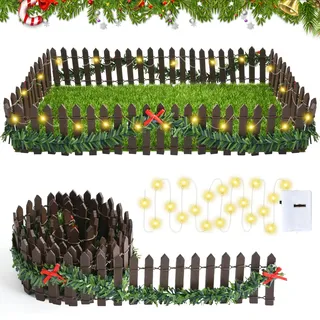 Wichtel Zaun, Wichtel Zubehör Weihnachten, Miniatur Zaun Gartenzaun Holz, Mini Lichterkette Wichtels, Puppenhaus Zubehör, Weihnachtsbaum Zauns mit 200 cm Wichtels Lichterkette LED (B)