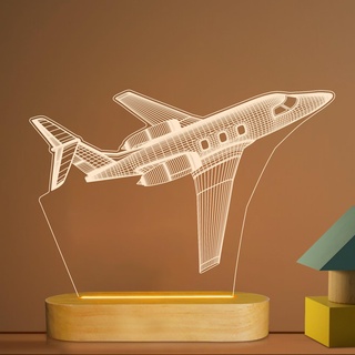 Flugzeug Nachtlicht 3D Illusion Lampe,Weiche warme Farben Holz Tischlampe für Jungen Pilotengeschenke mit USB Strom...