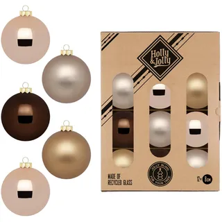 Holly & Jolly - Weihnachtskugeln Elegant Lounge, 12 Stück | Christbaumkugeln aus Glas, ca. 8 cm, Weihnachtsbaumschmuck in Braun und Beige, matt & glänzend, Weihnachtsdeko für Innen
