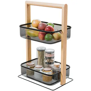 Amig - Obstkorb mit 2 Etagen - Küchen- oder Badezimmer-Organizer - Schwarzer Stahl und Bambus - Vielseitiges Regal für Gläser, Dosen oder Zubehör - 27 x 18 x 44 cm