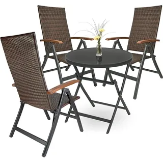 Brubaker Garten Sitzgruppe Modena - 1 Glastisch Klapptisch rund 70 cm Ø mit 3 Polyrattan Stühlen - Wetterfest - Braun/Anthrazit - Dunkelbraun, Dunkelgrau, Braun, Grau