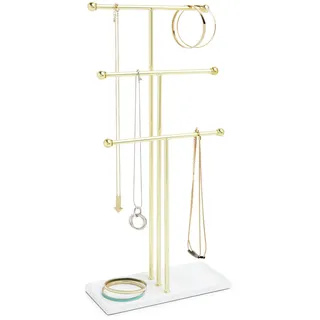 Umbra Trigem Schmuckbaum - Extra Hoher Schmuckständer für Ketten mit integrierter Schmuckablage für Ringe, Ohrringe, Armbänder, Uhren und Accessoires, 3-stufig, Metall, Weiss/Gold