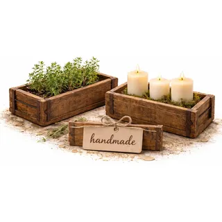 MC-Trend 2 Stück Ziegelsteinform aus Holz – rustikale Holzkiste zum Bepflanzen – Altholz Blumenkasten – Backsteinform mit Metallbeschlägen – jedes Stück ein Unikat – Holz Zieglform