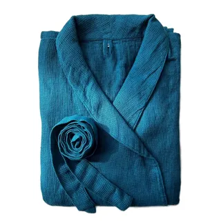 JOWOLLINA Unisex Bademantel Morgenmantel aus 100% feinem Waffelpique Leinen Stonewashed mit Schalkragen (L/XL, Blue Illusions)