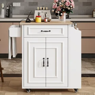 Clinvia Servierwagen 66x40/60x90cm Kücheninsel, Küchenwagen mit Schublade Rollen Klappbar Arbeitsplatte, Küchentrolley Küchenschrank Mobil, weiß - Weiß
