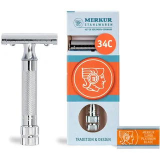 MERKUR Rasierhobel 34C | Kompaktgriff Glanzchrom | Zweiteiliger Rasierer mit geradem Schnitt | Geschlossener Kamm | Ideal zur Nassrasur | Zinkdruckguss | Schweres Griffstück | Made in Germany