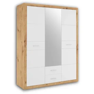 Stella Trading STONE Eleganter Kleiderschrank mit viel Stauraum & Spiegeltür - Vielseitiger Drehtürenschrank in Artisan Eiche Optik & Weiß - 151 x 198 x 55 cm (B/H/T)