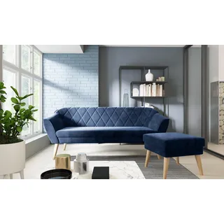 Couchgarnitur 3 Sitzer Sofa + Hocker hohe Holzbeine moderne Steppung Sofa mit Hocker Samt Velour - Blau, Dunkelblau
