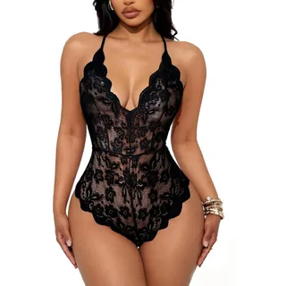 Buitifo Damen Spitze Bodysuit EIN Stück Babydoll Rückenlos Mini Teddy V-Ausschnitt Dessous(Schwarz T1,XXL)