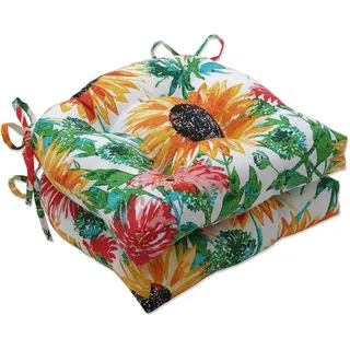 Pillow Perfect Stuhlkissen mit Bändern, wendbar, getuftet, Wetter- und lichtbeständig, 39,4 x 40,6 cm, gelb/grüne Sonnenblumen, 2 Stück