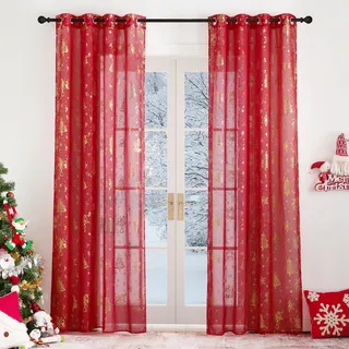 PONY DANCE Weihnachts Vorhang Wohnzimmer Modern Ösenvorhang 2er Set H 245 x B 140 cm Rote Vorhänge Transparent Weihnachtsgardinen mit Goldernem Muster Voile Gardinen Durchsichtig