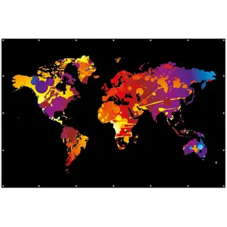 Wallario XXL Outdoor-Poster für Garten oder Balkon, Motiv Weltkarte aus bunten Farbspritzern, in ca. 300 x 200 cm - Schwarz