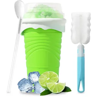 Herbst Slushy Maker Becher 500ml Silikon Squeeze Becher mit Strohhalm und Löffel Slush Eisbecher DIY Eisbecher Smoothie Becher mit Reinigungsbürste (Grün)